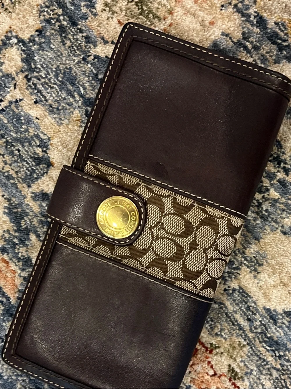 Coach Brown Leather and Signature Canvas Wallet with Gold-Tone Snap